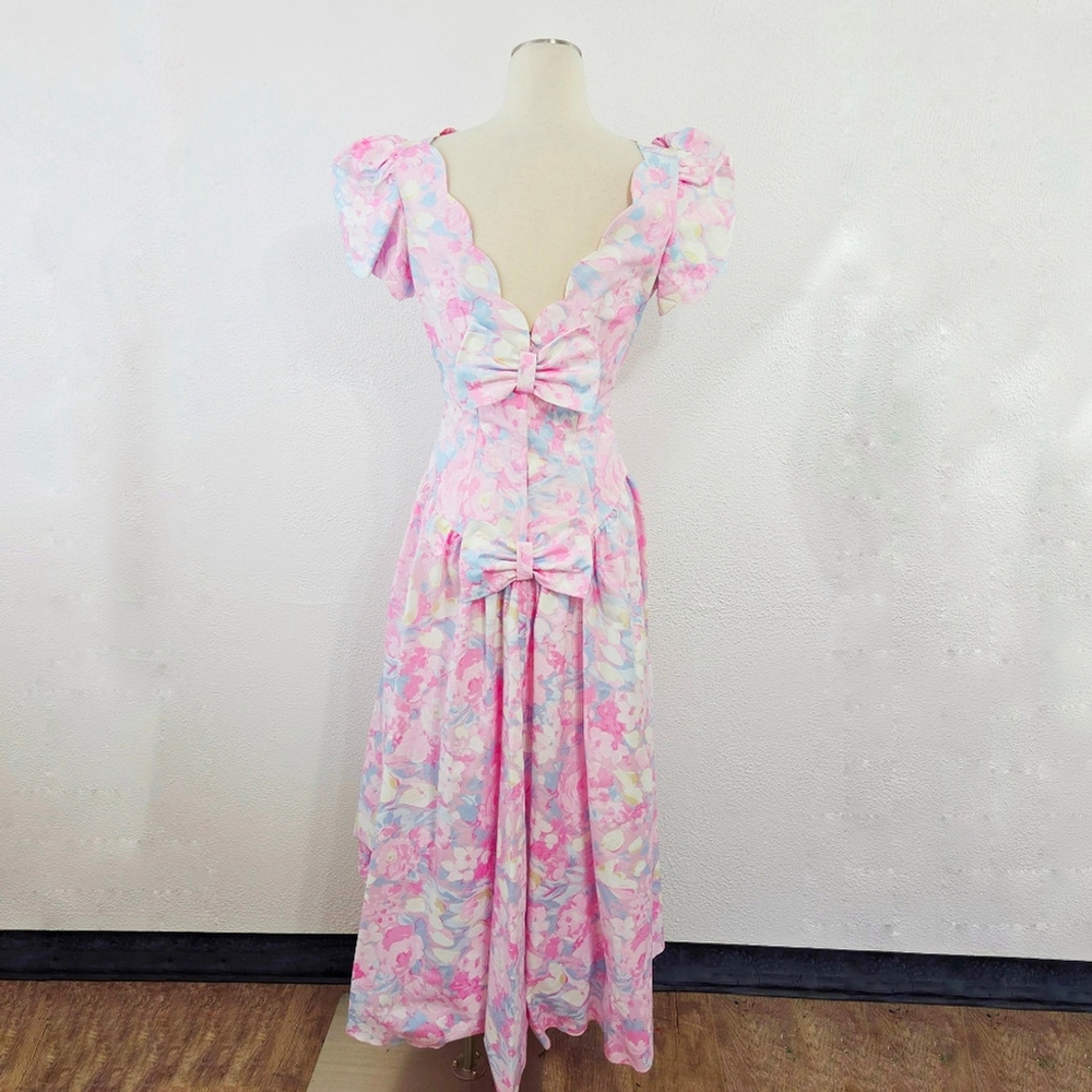 Vintage 80's Alfredo Angelo Dress Garden Party Floral Pastel Puff Sleeves 11/12 - Picture 2 of 9